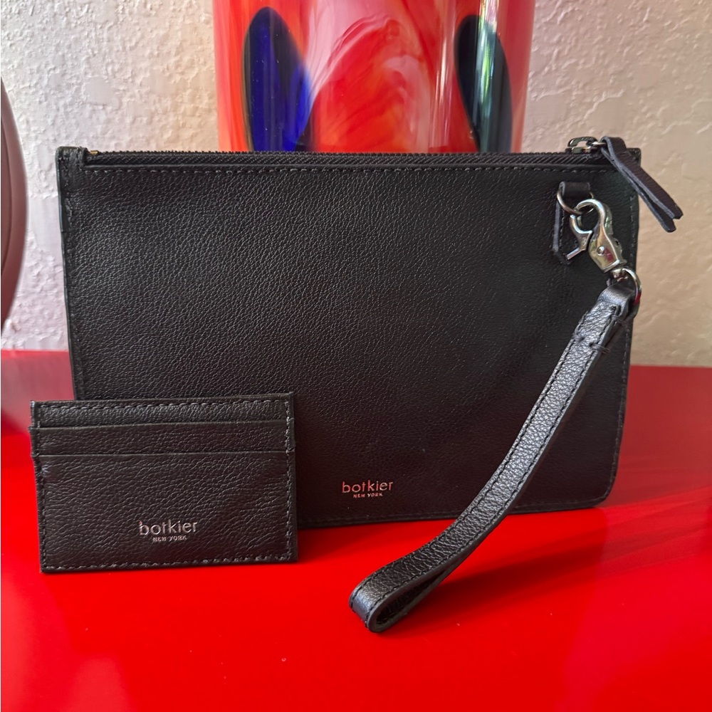 BOTKIER Set Leather Clutch Wristlet and Card Holder Bag Black Strap NEW